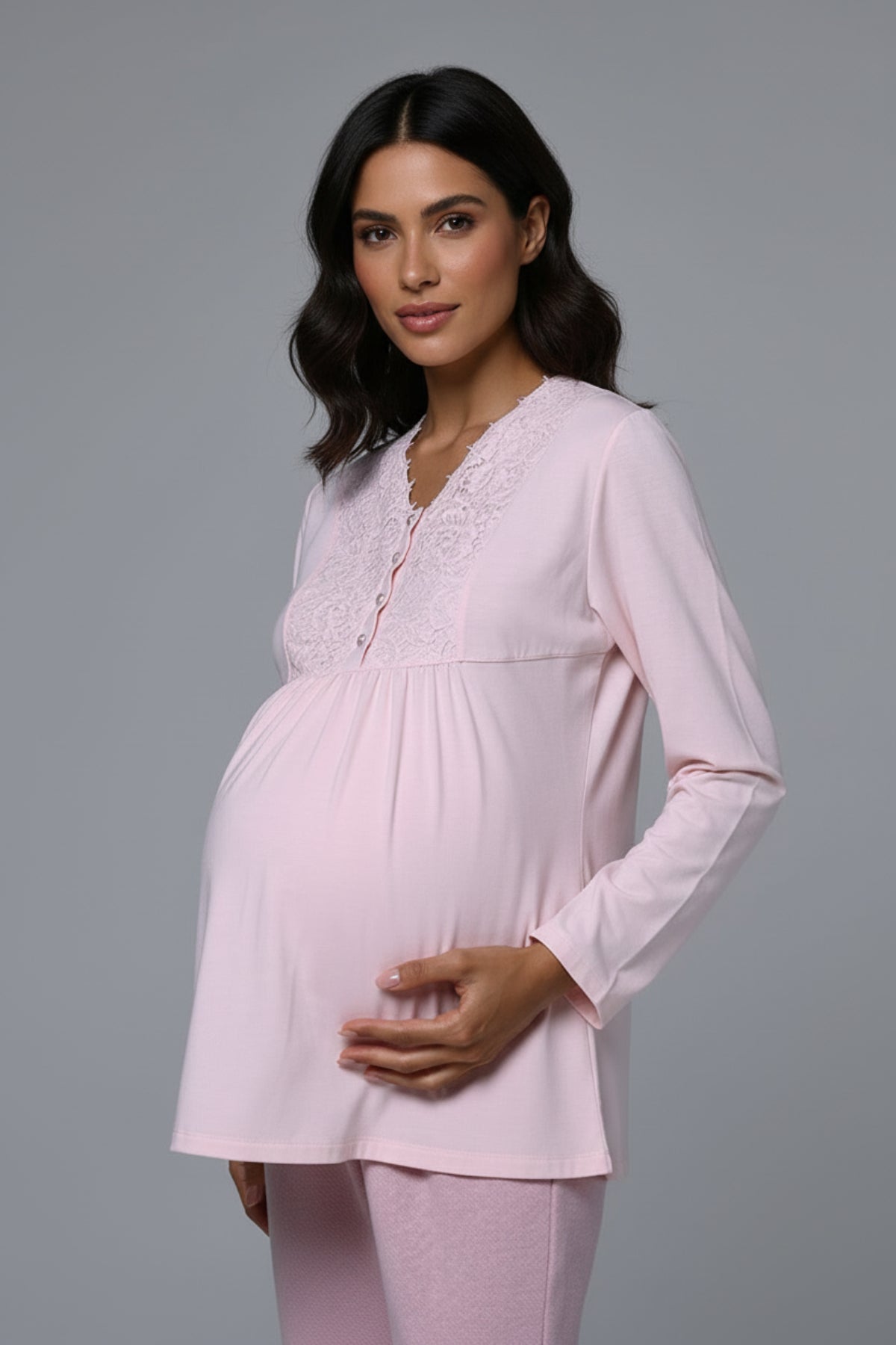 Lace Collar 3-Piece Maternity-Nursing Pajama & Lace Sleeve Robe Set Pink - 24373