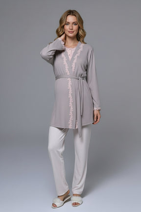 Flowery Lace Collar 3-Piece Maternity-Nursing Pajama & Robe Set - 24375