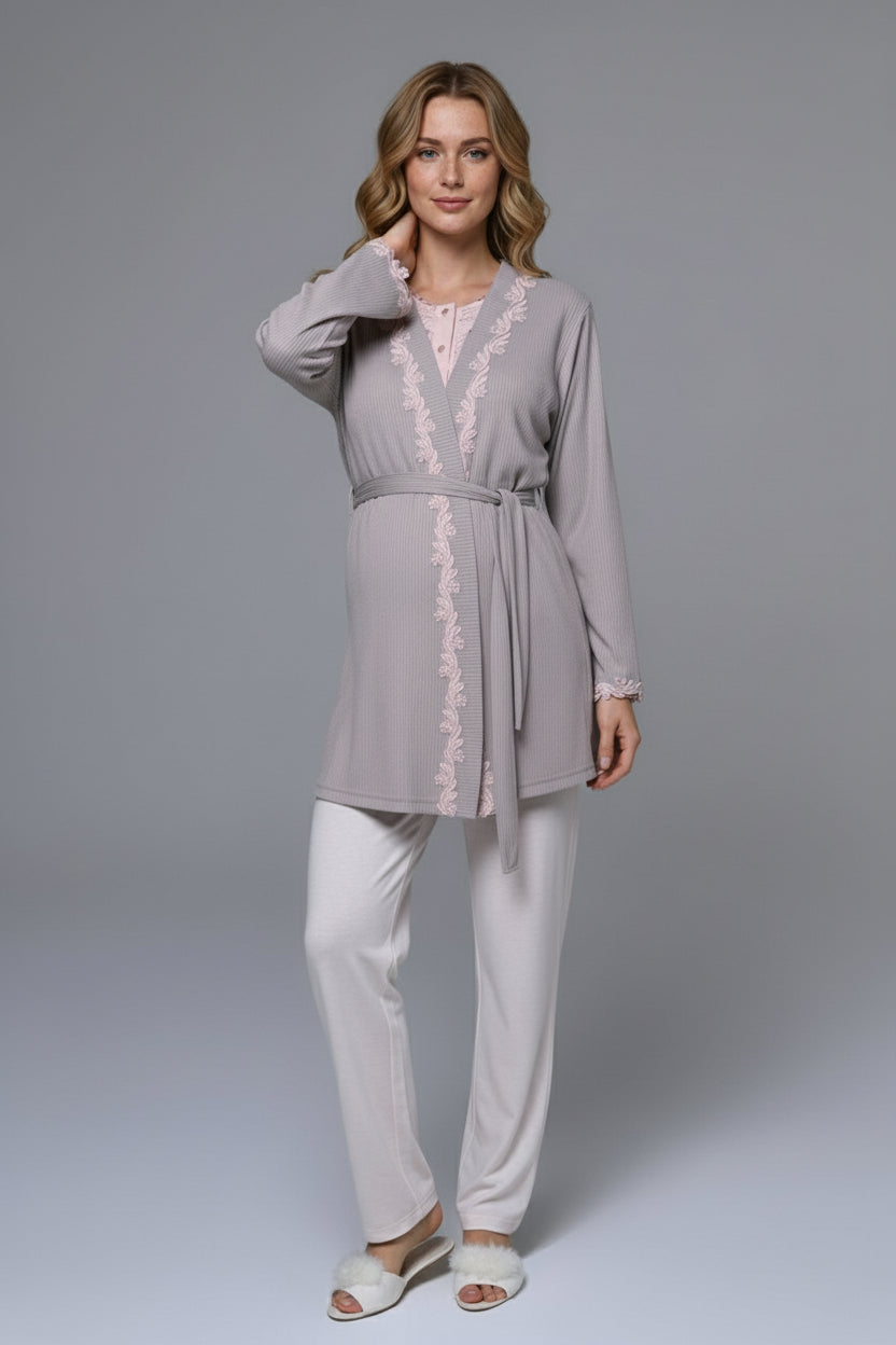 Flowery Lace Collar 3-Piece Maternity-Nursing Pajama & Robe Set - 24375