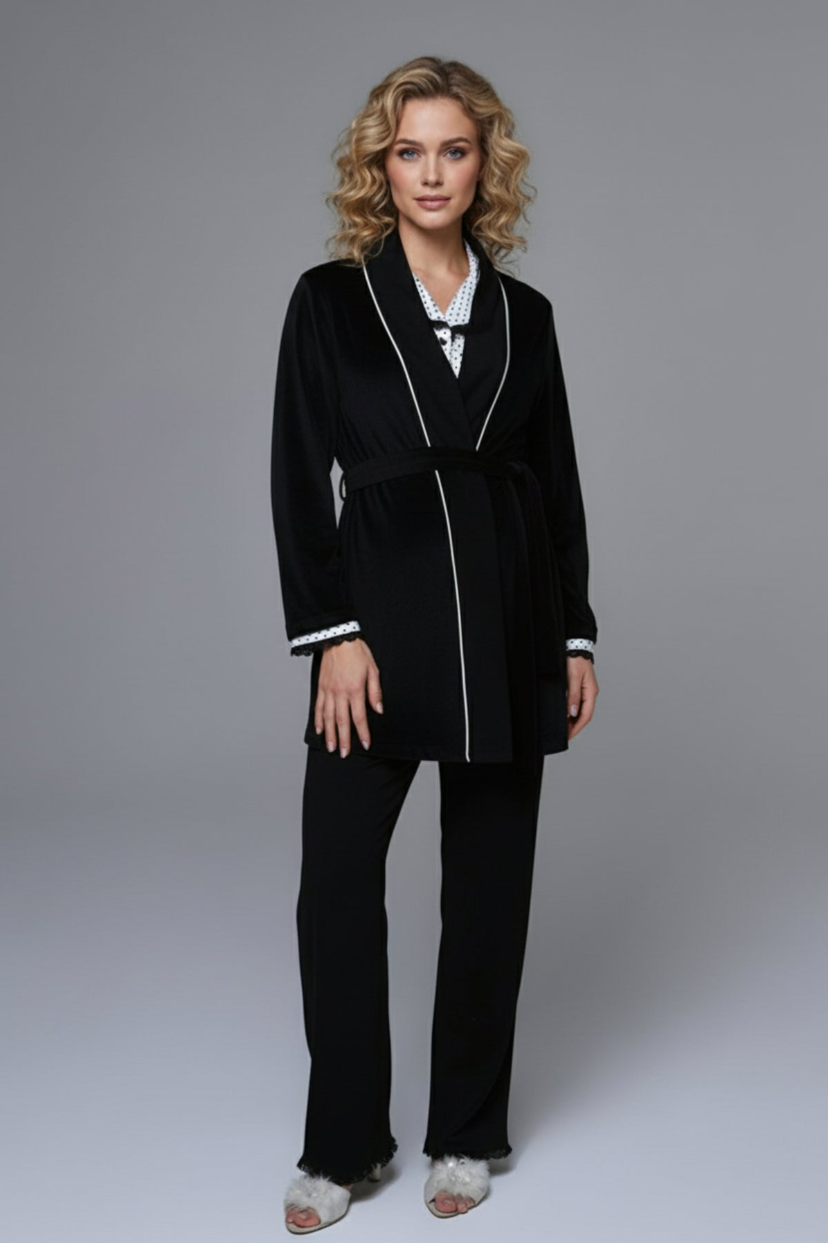 Polka-Dot 3-Piece Maternity-Nursing Pajama & Bias Robe Set Black - 24377