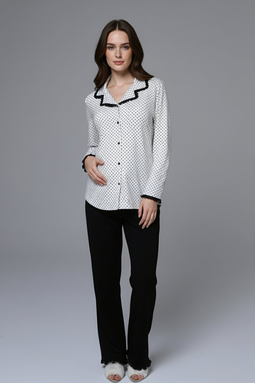 Polka-Dot 3-Piece Maternity-Nursing Pajama & Bias Robe Set Black - 24377