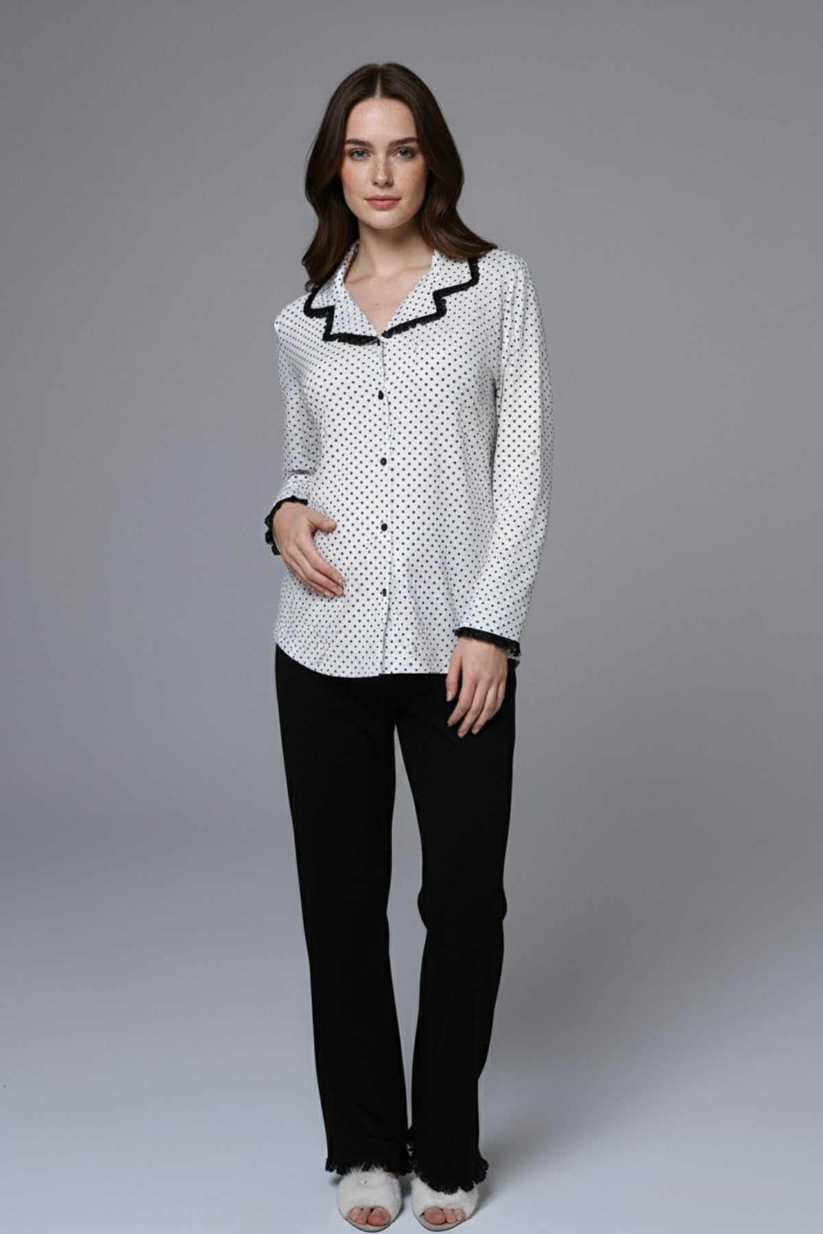 Polka-Dot 3-Piece Maternity-Nursing Pajama & Bias Robe Set Black - 24377