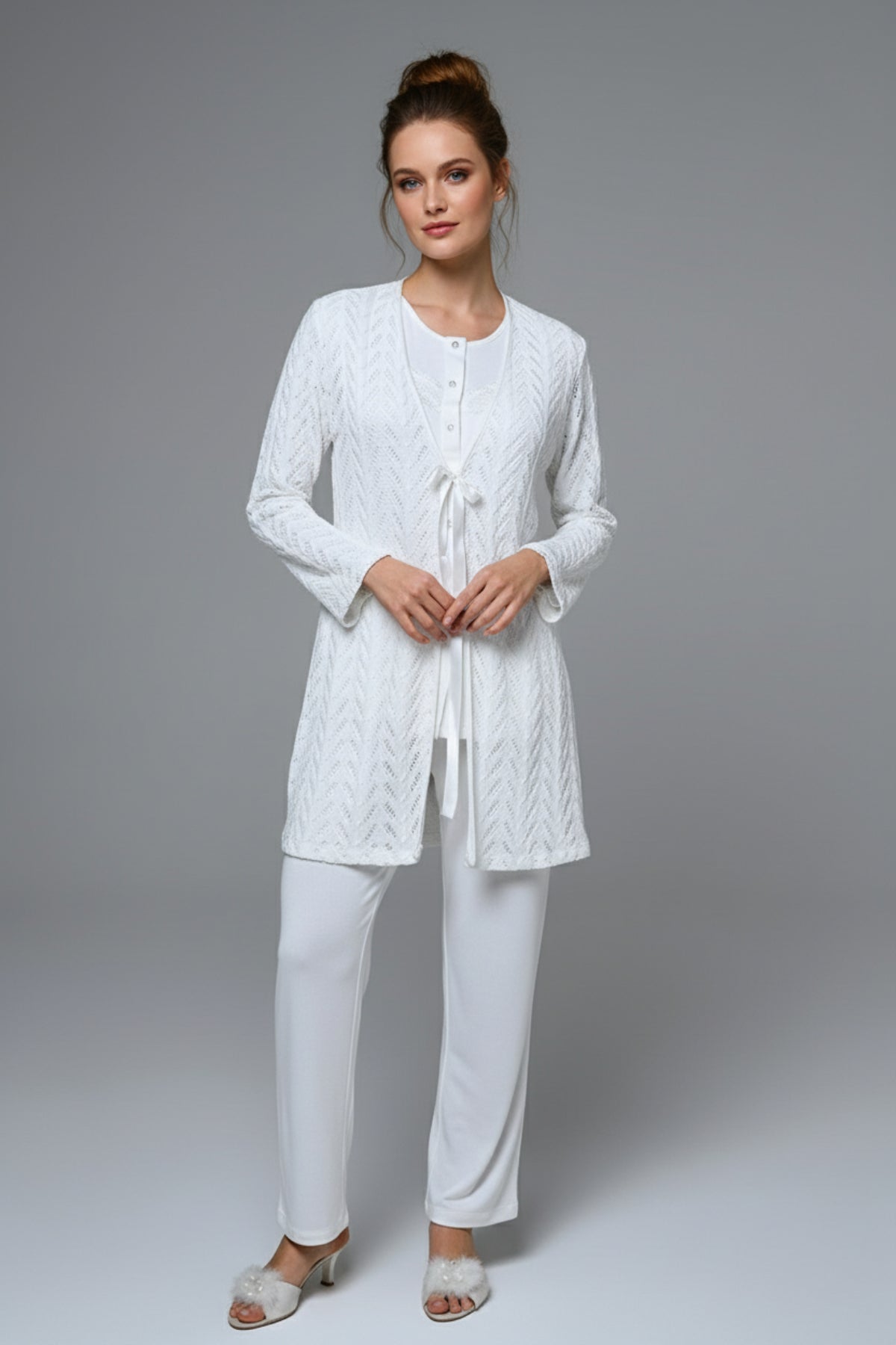 Lace Collar 3-Piece Maternity-Nursing Pajama & Jacquard Robe Set - 24391