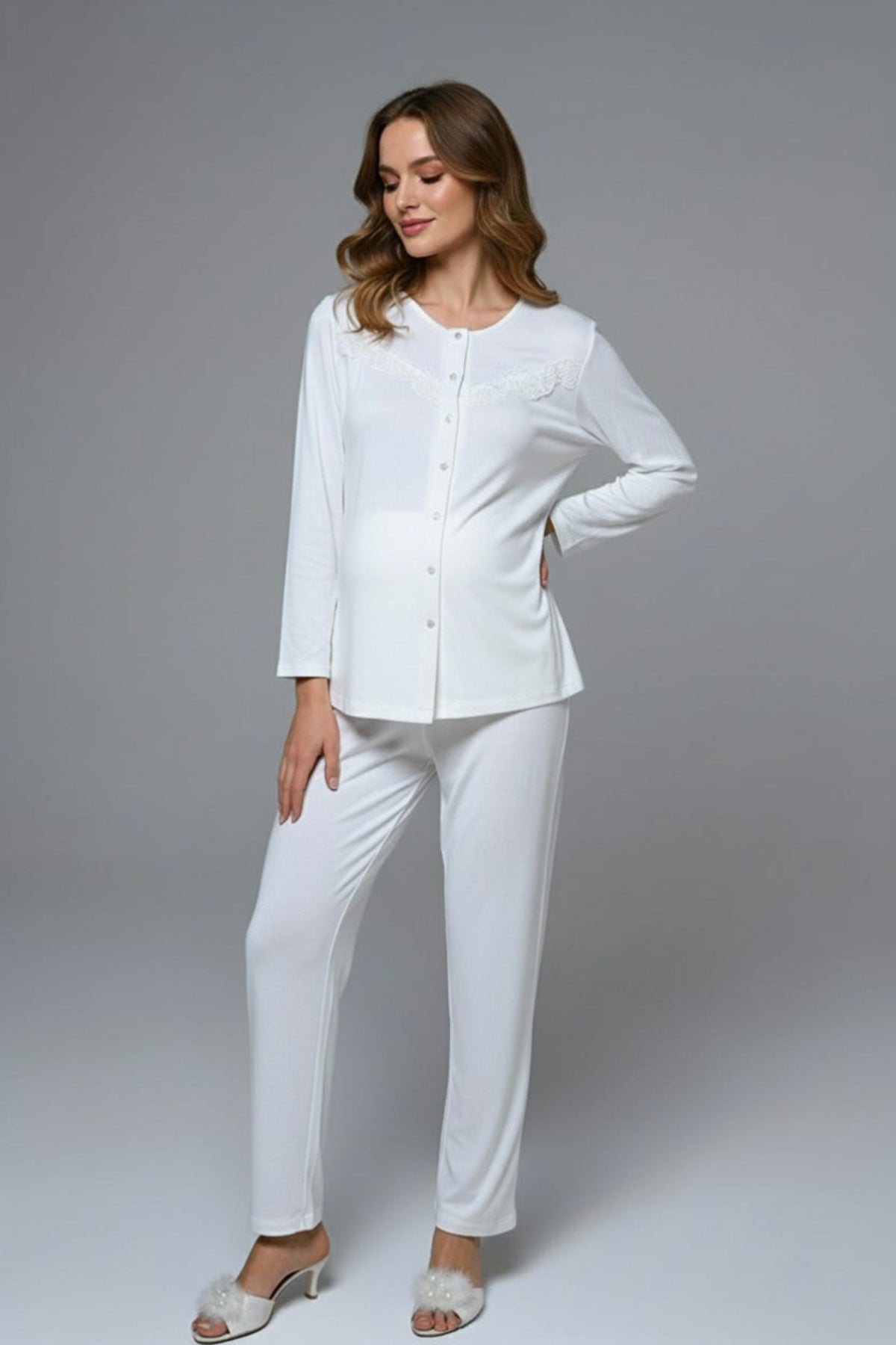 Lace Collar 3-Piece Maternity-Nursing Pajama & Jacquard Robe Set - 24391