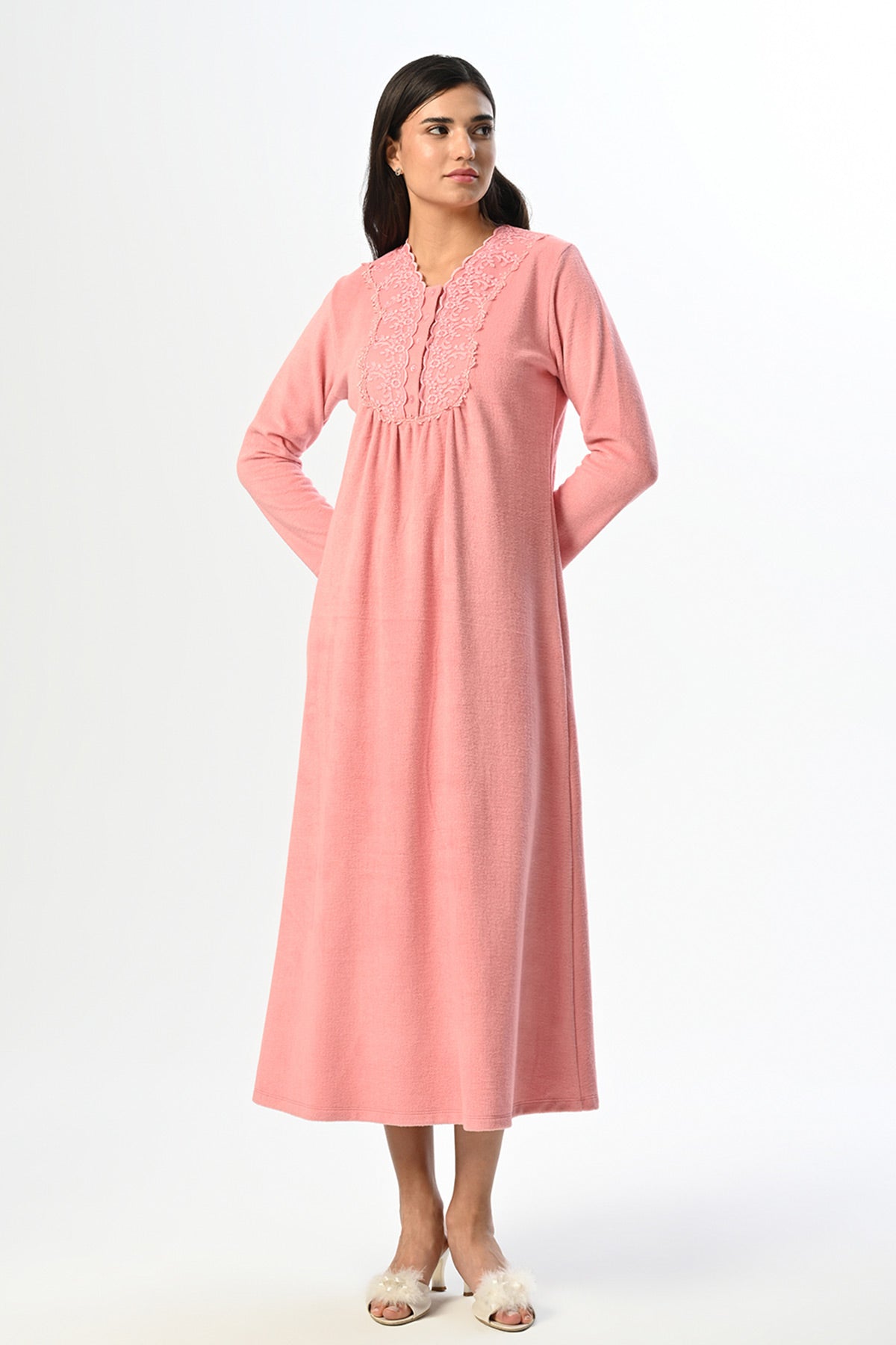 Lace Collar Maternity & Nursing Nightgown Salmon - 24408