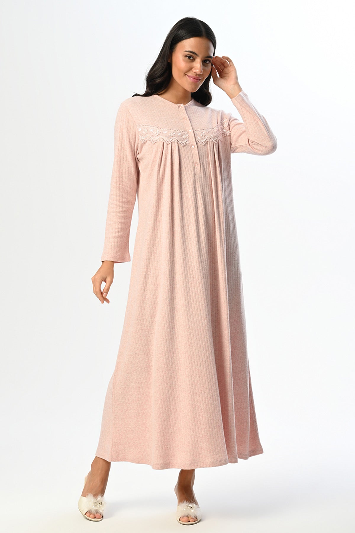 Lace Ribbed Maternity & Nursing Nightgown - 24409