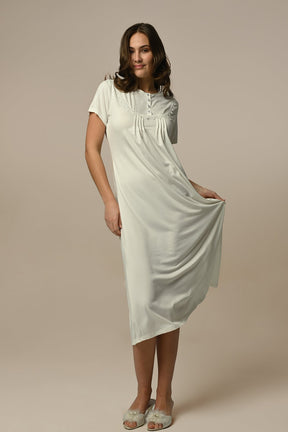 Flower Lace Collar Maternity-Nursing Nightgown & Ribbed Robe Set Ecru - 24504
