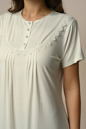 Flower Lace Collar Maternity-Nursing Nightgown & Ribbed Robe Set Ecru - 24504