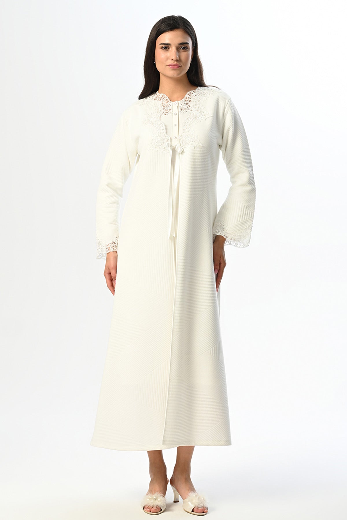 Lace Sleeve and Collar Maternity-Nursing Nightgown & Robe Set - 24531