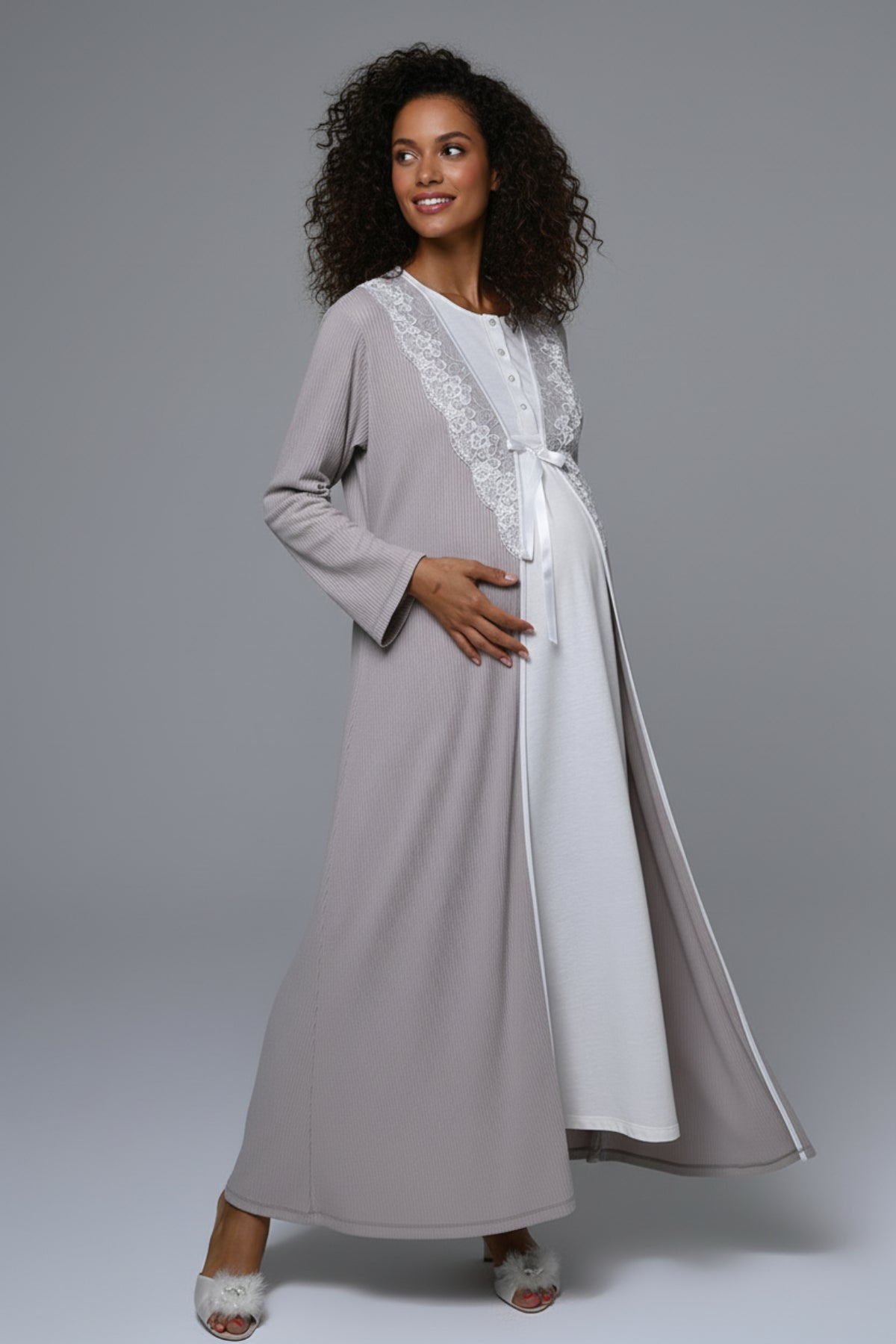 Flowery Lace Collar Maternity-Nursing Nightgown & Robe Set - 24532