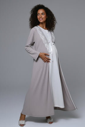 Flowery Lace Collar Maternity-Nursing Nightgown & Robe Set - 24532