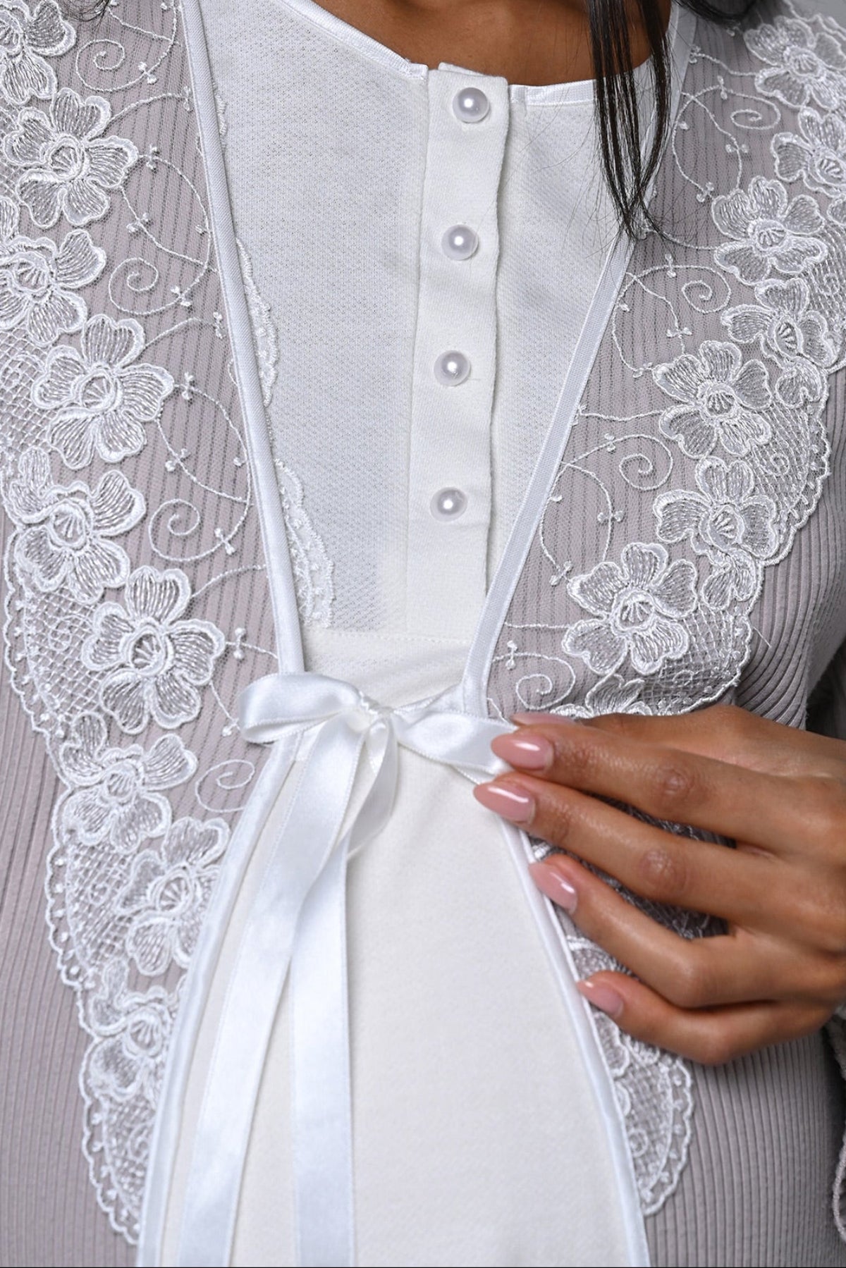 Flowery Lace Collar Maternity-Nursing Nightgown & Robe Set - 24532