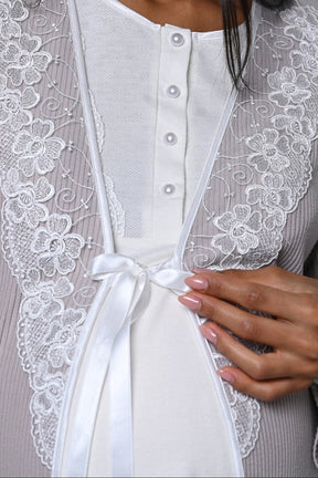 Flowery Lace Collar Maternity-Nursing Nightgown & Robe Set - 24532