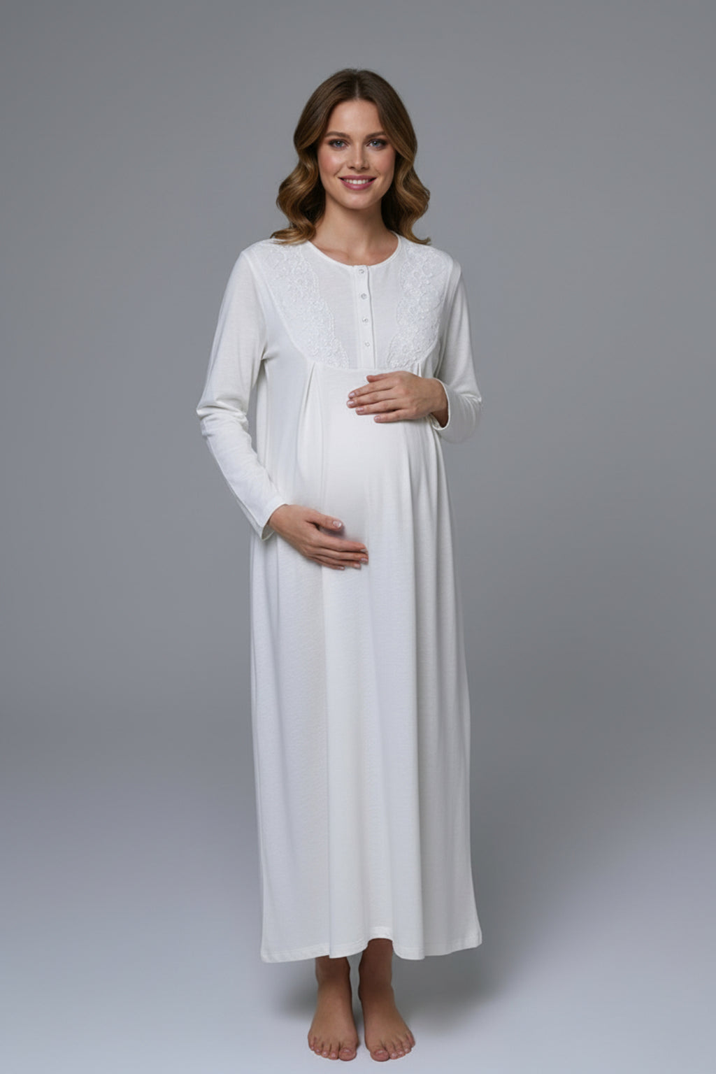 Flowery Lace Collar Maternity-Nursing Nightgown & Robe Set - 24532