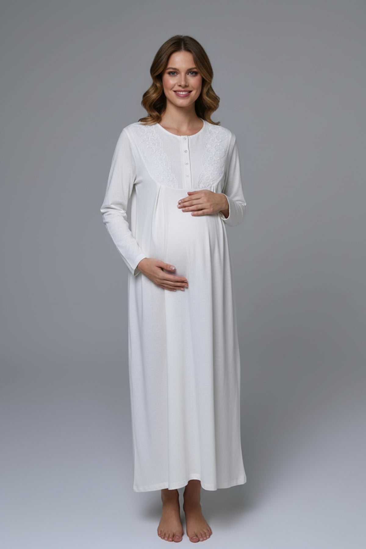 Flowery Lace Collar Maternity-Nursing Nightgown & Robe Set - 24532
