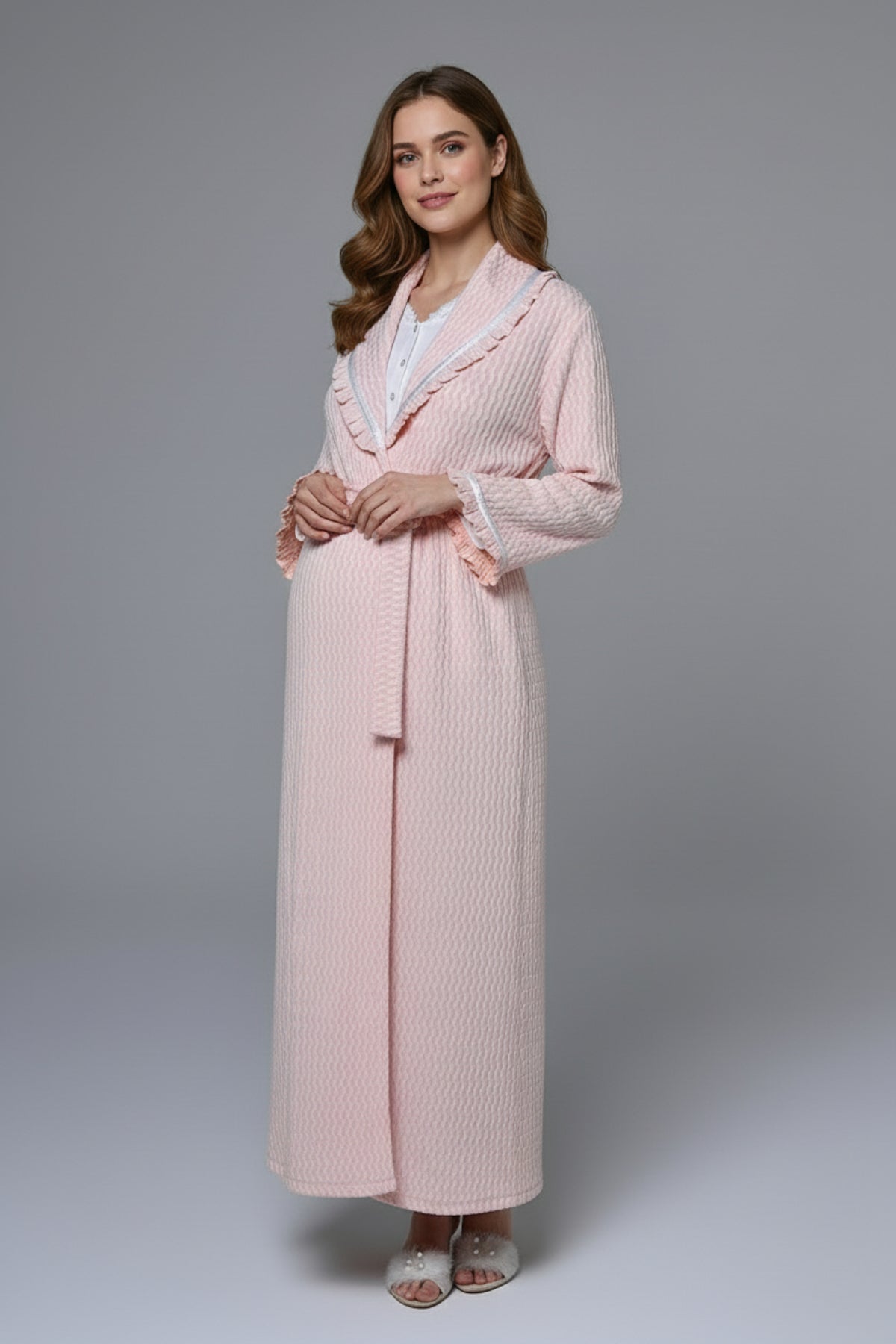Lace Collar Maternity-Nursing Nightgown & Ribbed Robe Set Ecru - 24535