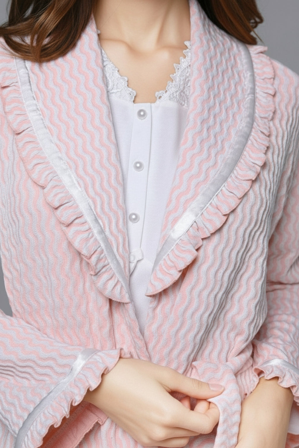 Lace Collar Maternity-Nursing Nightgown & Ribbed Robe Set Ecru - 24535