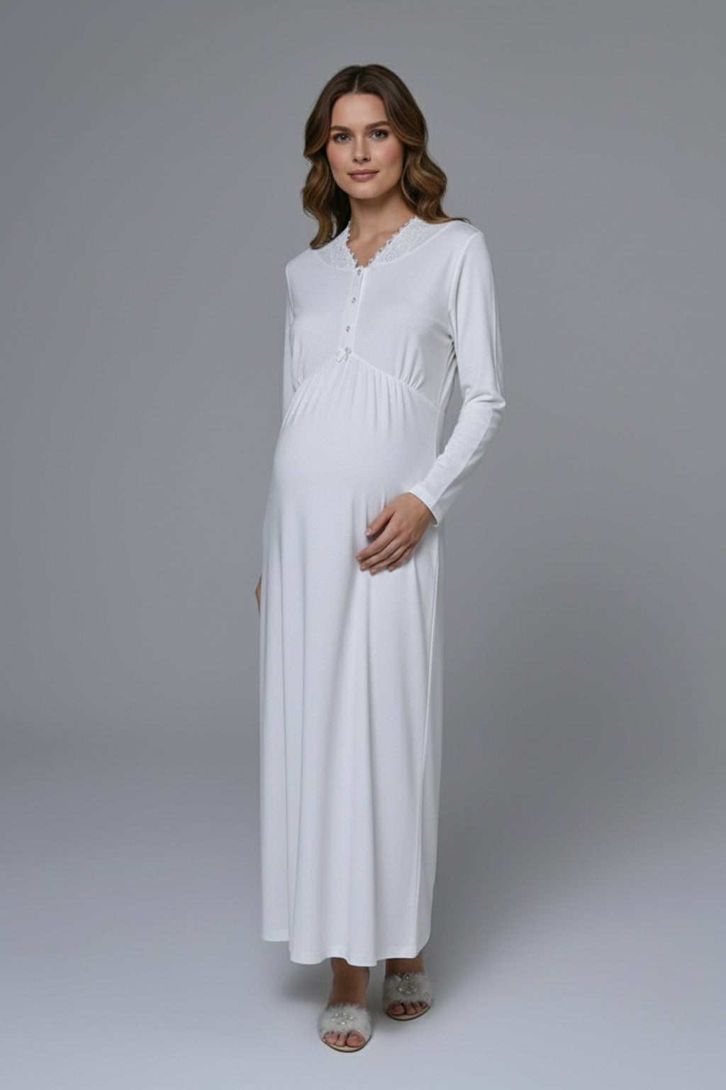 Lace Collar Maternity-Nursing Nightgown & Ribbed Robe Set Ecru - 24535