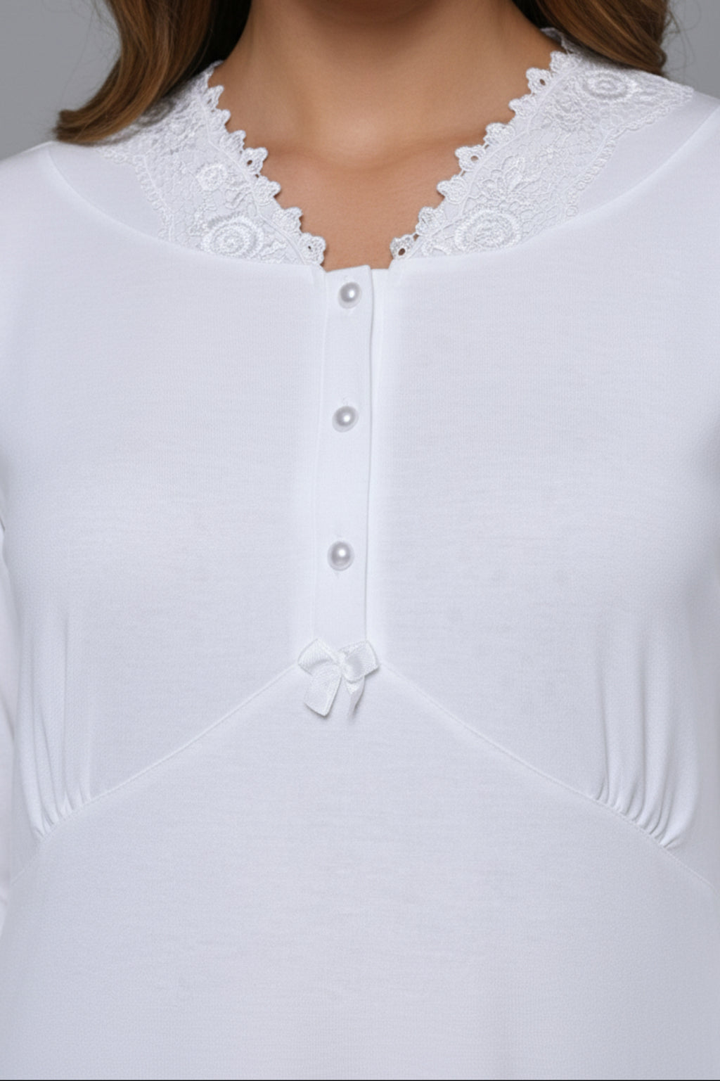 Lace Collar Maternity-Nursing Nightgown & Ribbed Robe Set Ecru - 24535