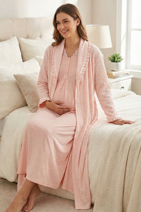 Lace Collar Maternity-Nursing Nightgown & Ribbed Robe Set Pink - 24535