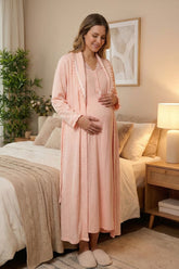 Lace Collar Maternity-Nursing Nightgown & Ribbed Robe Set Pink - 24535