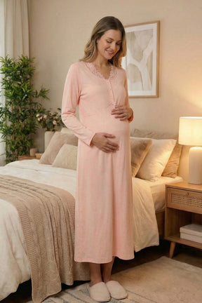Lace Collar Maternity-Nursing Nightgown & Ribbed Robe Set Pink - 24535