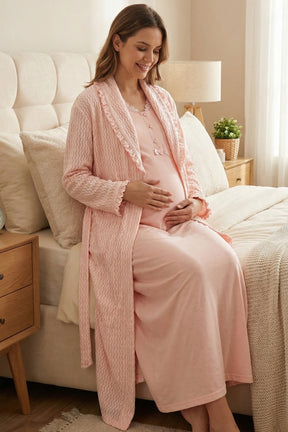 Lace Collar Maternity-Nursing Nightgown & Ribbed Robe Set Pink - 24535