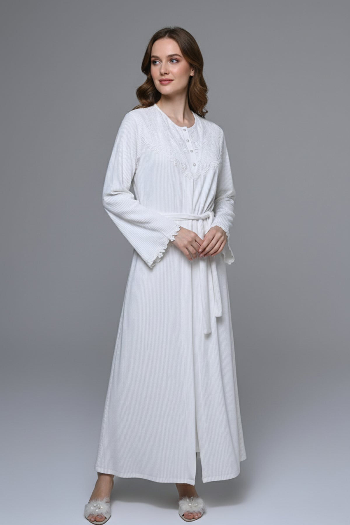 Guipure Collar Maternity-Nursing Nightgown & Ribbed Robe Set - 24536