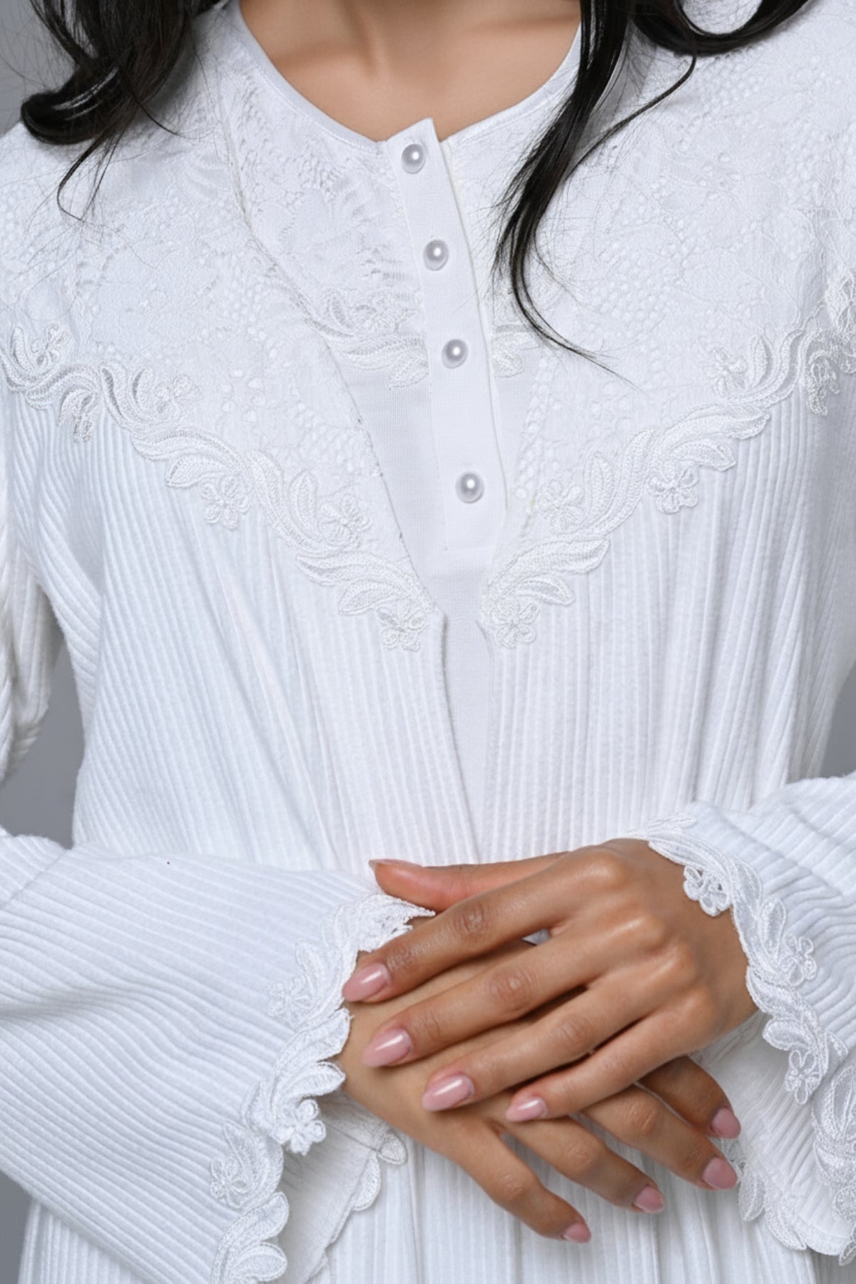 Guipure Collar Maternity-Nursing Nightgown & Ribbed Robe Set - 24536