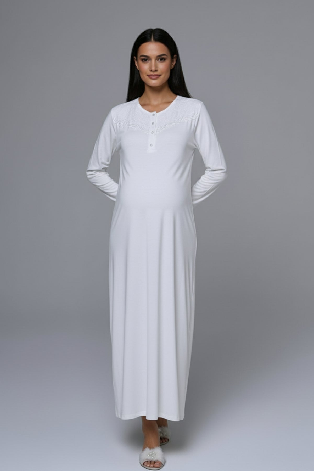 Guipure Collar Maternity-Nursing Nightgown & Ribbed Robe Set - 24536