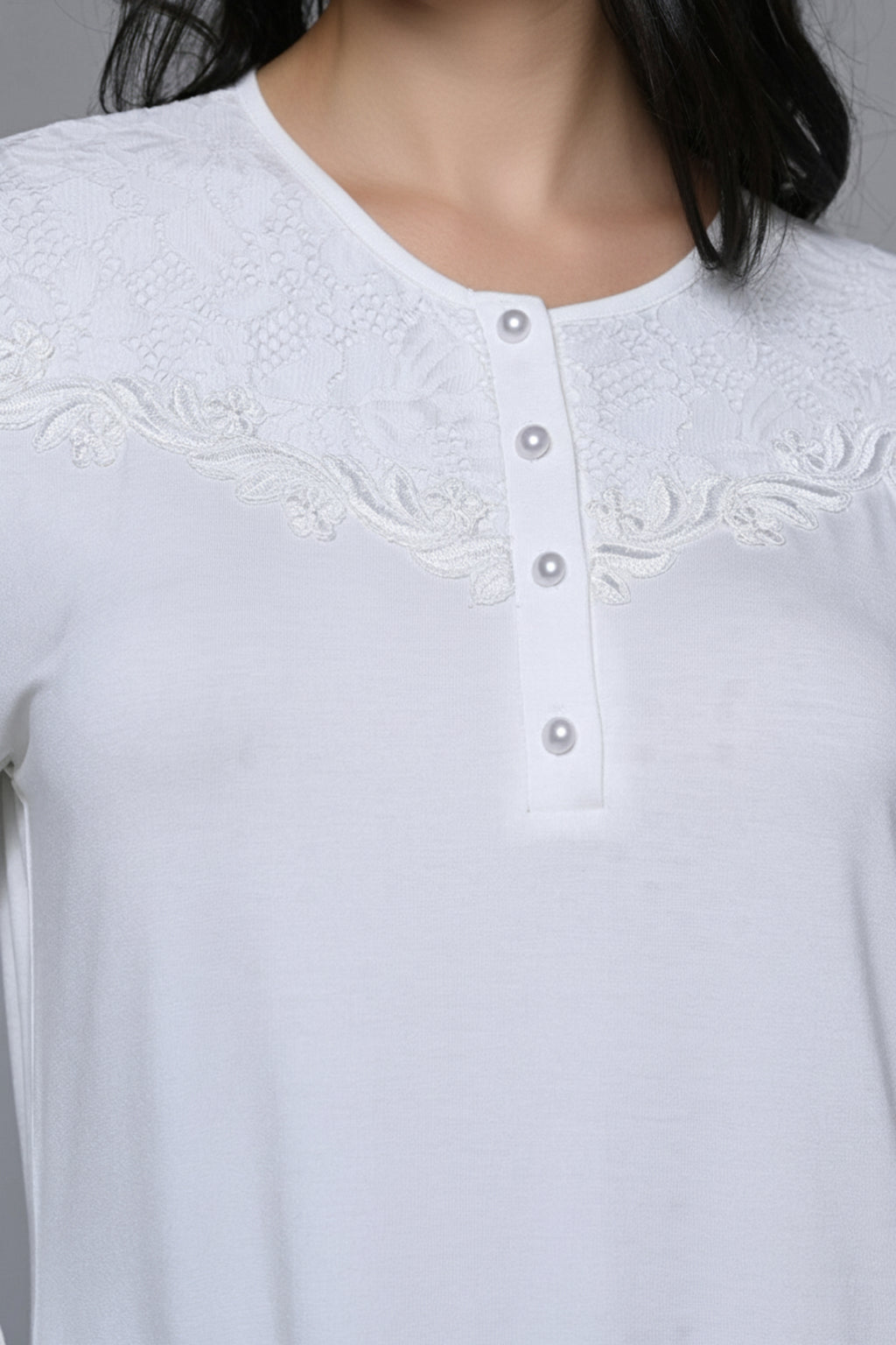 Guipure Collar Maternity-Nursing Nightgown & Ribbed Robe Set - 24536