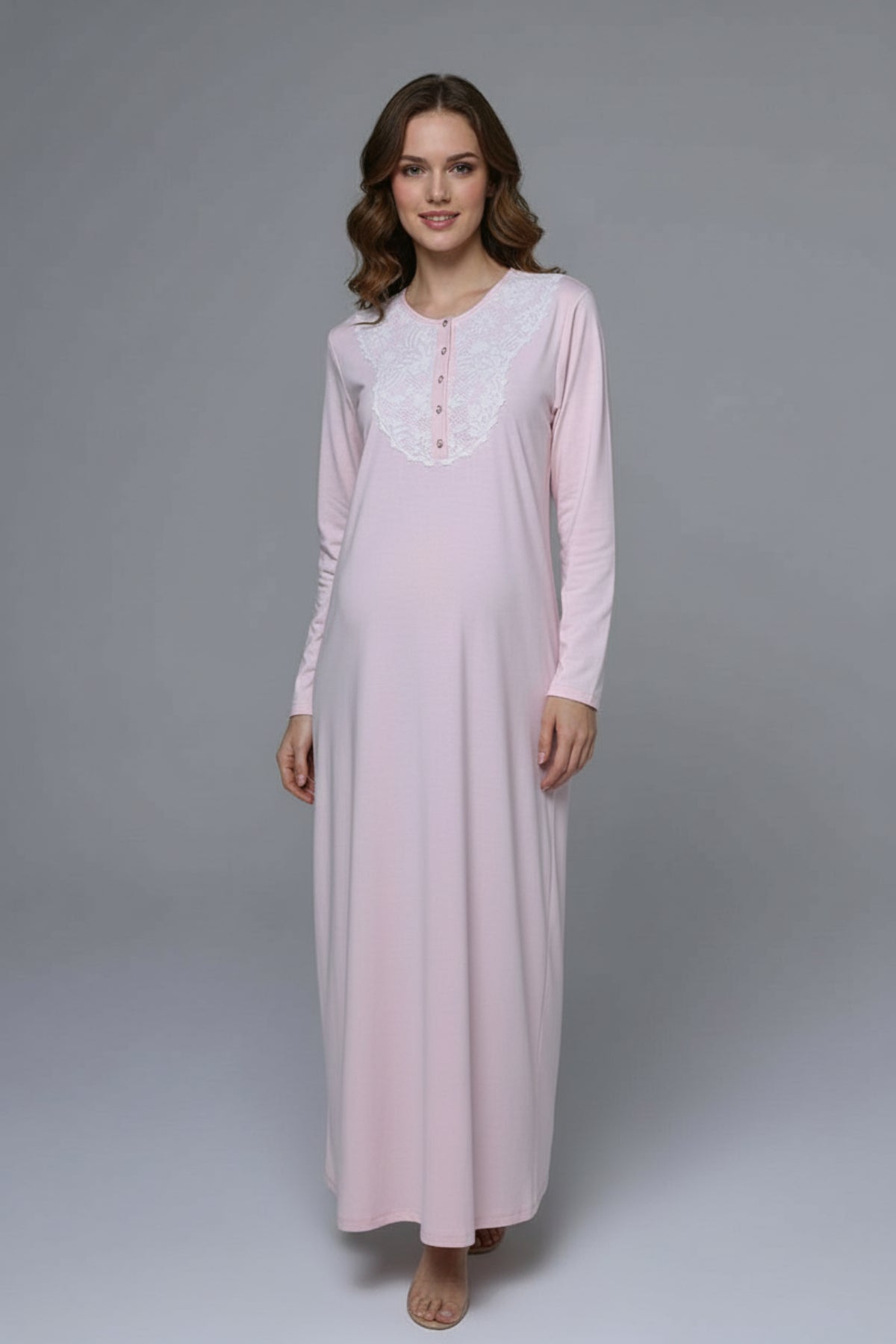 Lace Collar Maternity-Nursing Nightgown & Robe Set Pink - 24537