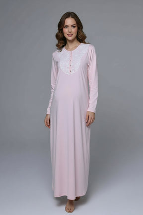 Lace Collar Maternity-Nursing Nightgown & Robe Set Pink - 24537