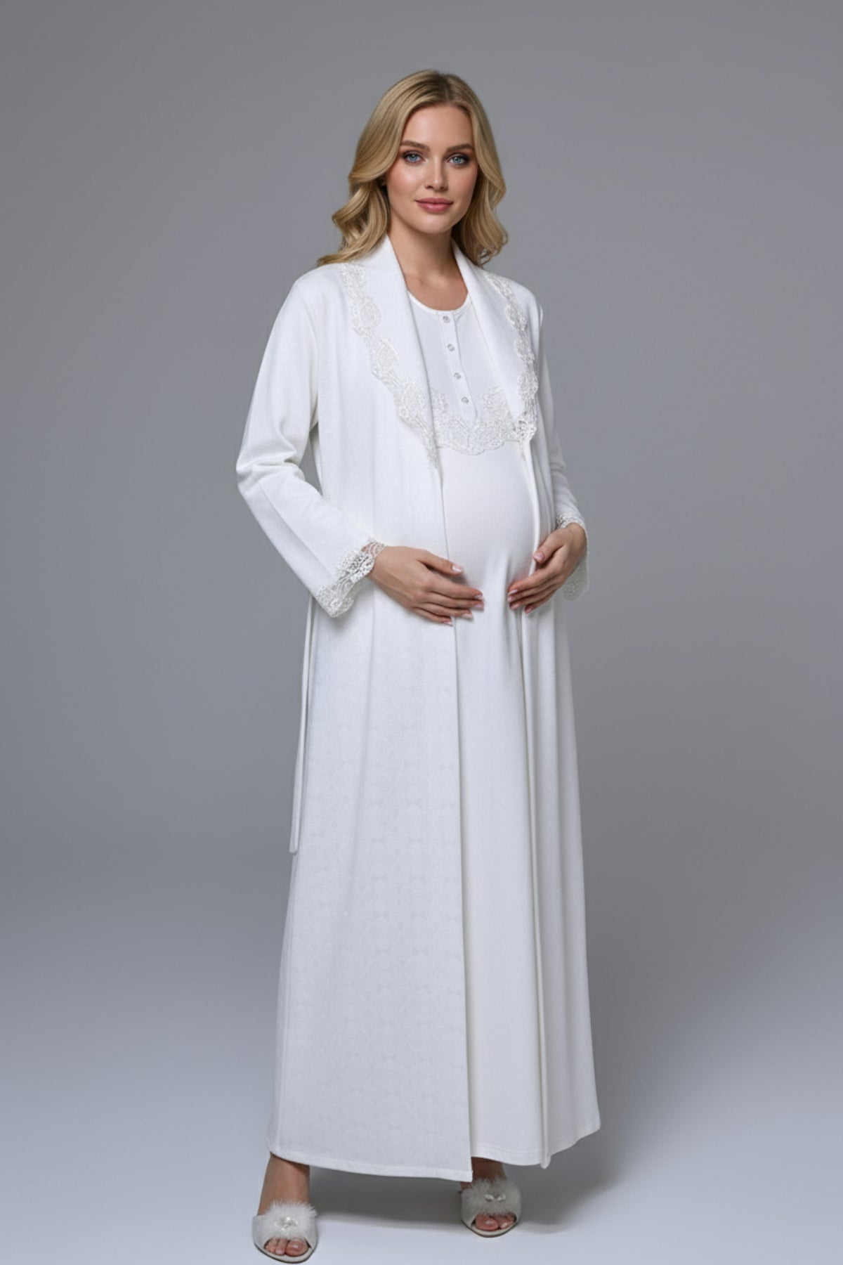 Lace Collar Maternity-Nursing Nightgown & Lace Sleeve Robe Set - 24540