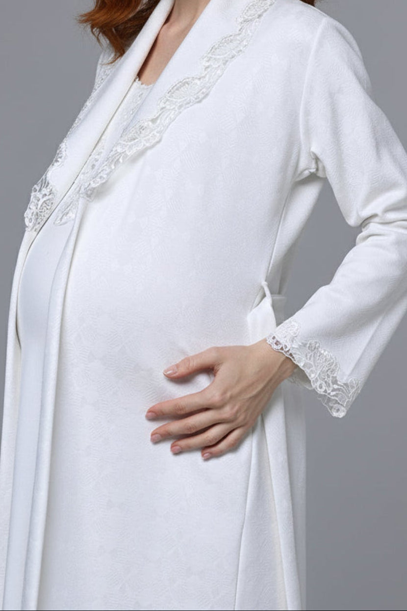 Lace Collar Maternity-Nursing Nightgown & Lace Sleeve Robe Set - 24540