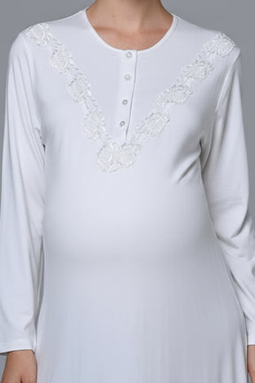 Lace Collar Maternity-Nursing Nightgown & Lace Sleeve Robe Set - 24540