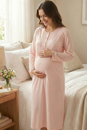 Lace Collar Maternity-Nursing Nightgown & Lace Sleeve Robe Set - 24540
