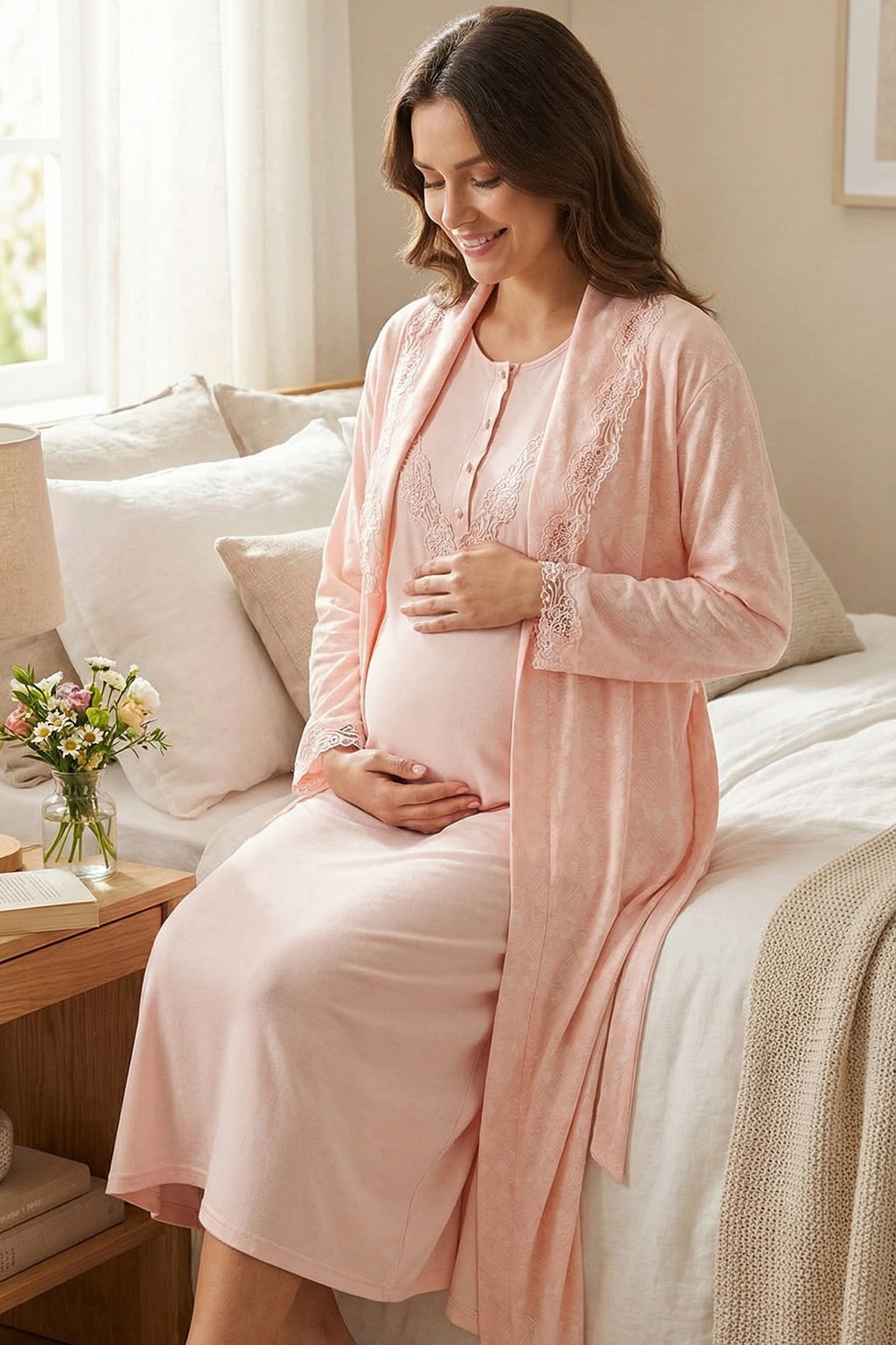 Lace Collar Maternity-Nursing Nightgown & Lace Sleeve Robe Set - 24540