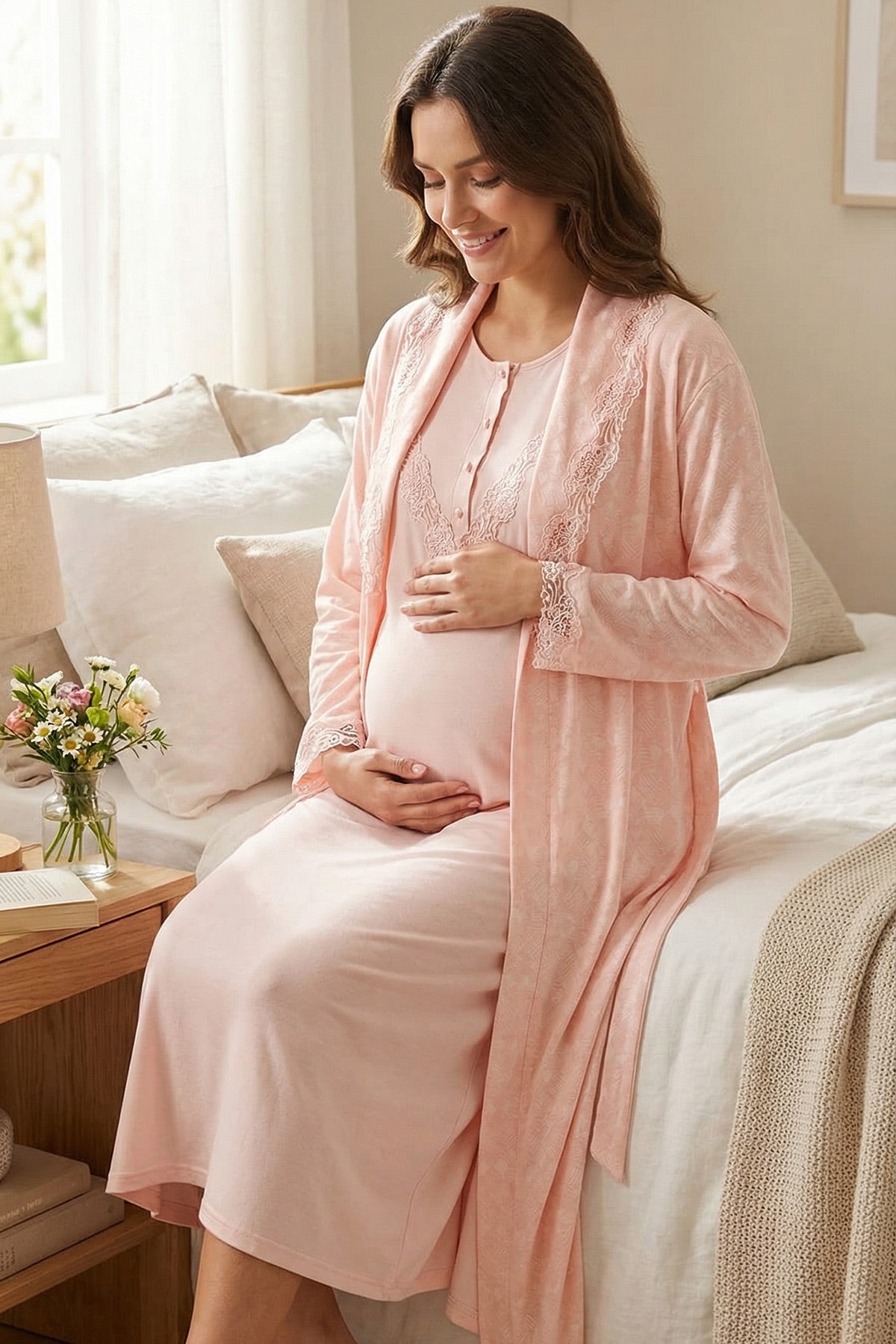 Lace Collar Maternity-Nursing Nightgown & Lace Sleeve Robe Set - 24540