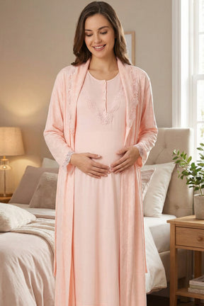Lace Collar Maternity-Nursing Nightgown & Lace Sleeve Robe Set - 24540
