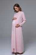 Flowery Lace Embroidered Maternity-Nursing Nightgown & Robe Set Pink - 24542