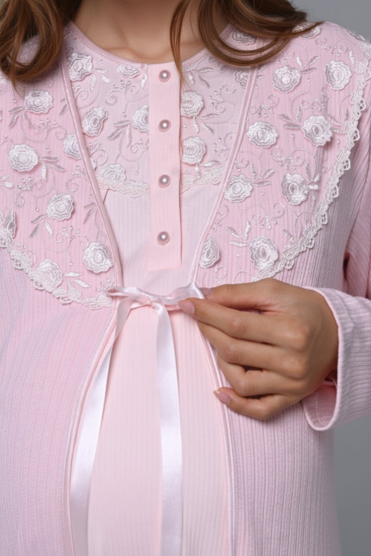 Flowery Lace Embroidered Maternity-Nursing Nightgown & Robe Set - 24542