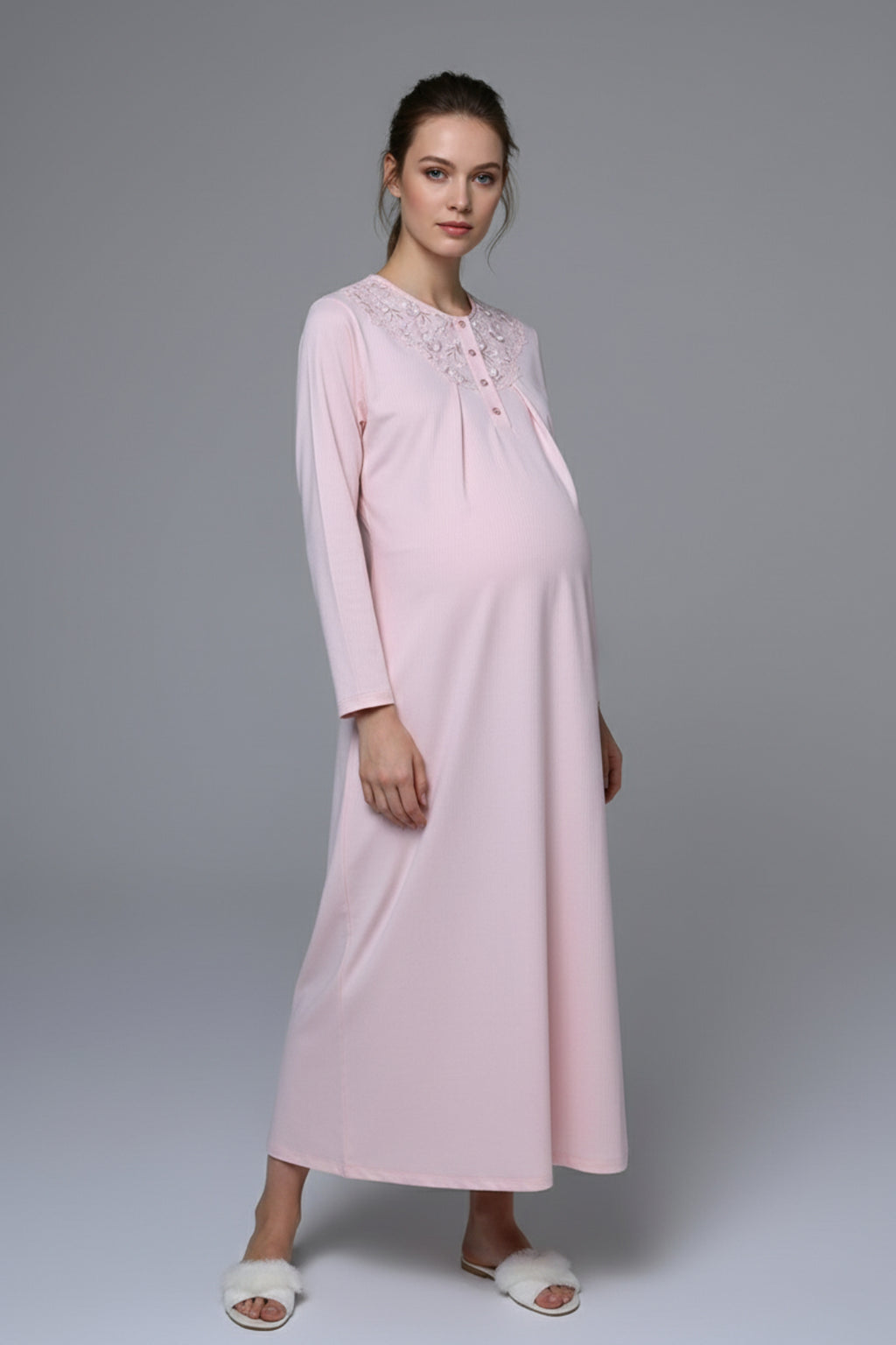 Flowery Lace Embroidered Maternity-Nursing Nightgown & Robe Set Pink - 24542