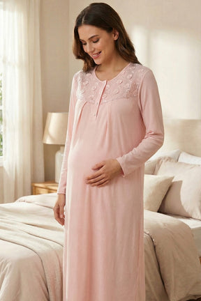 Flowery Lace Embroidered Maternity-Nursing Nightgown & Robe Set Grey - 24542