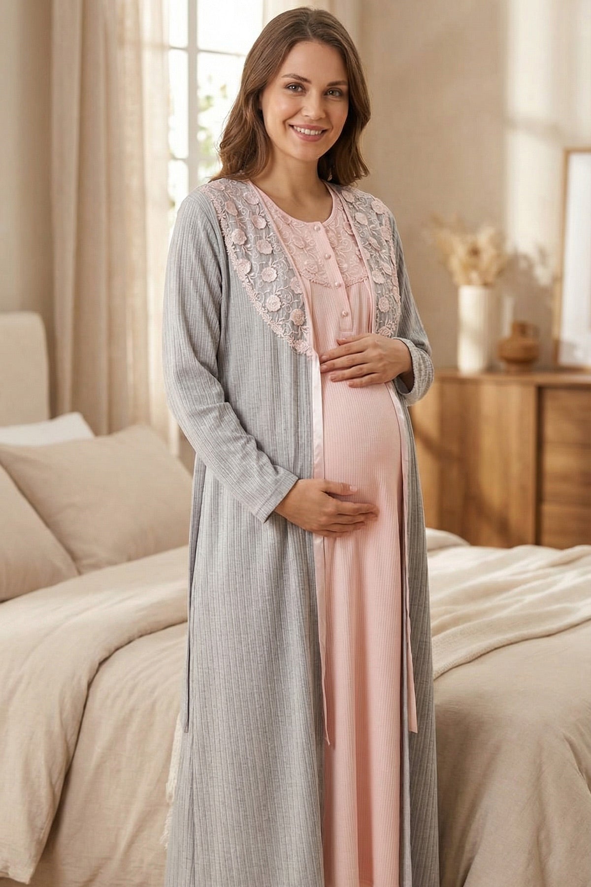 Flowery Lace Embroidered Maternity-Nursing Nightgown & Robe Set Grey - 24542