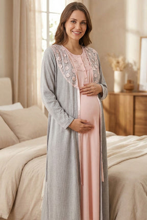 Flowery Lace Embroidered Maternity-Nursing Nightgown & Robe Set Grey - 24542