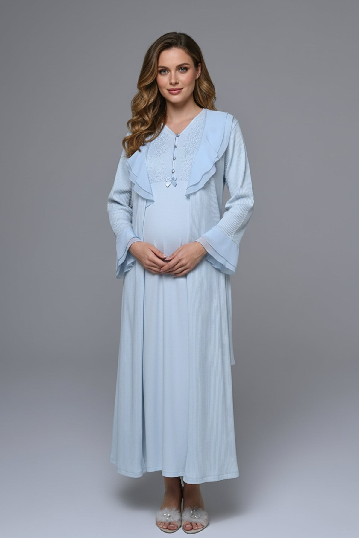 Guipure Collar Maternity-Nursing Nightgown & Tulle Collar Robe Set - 24543