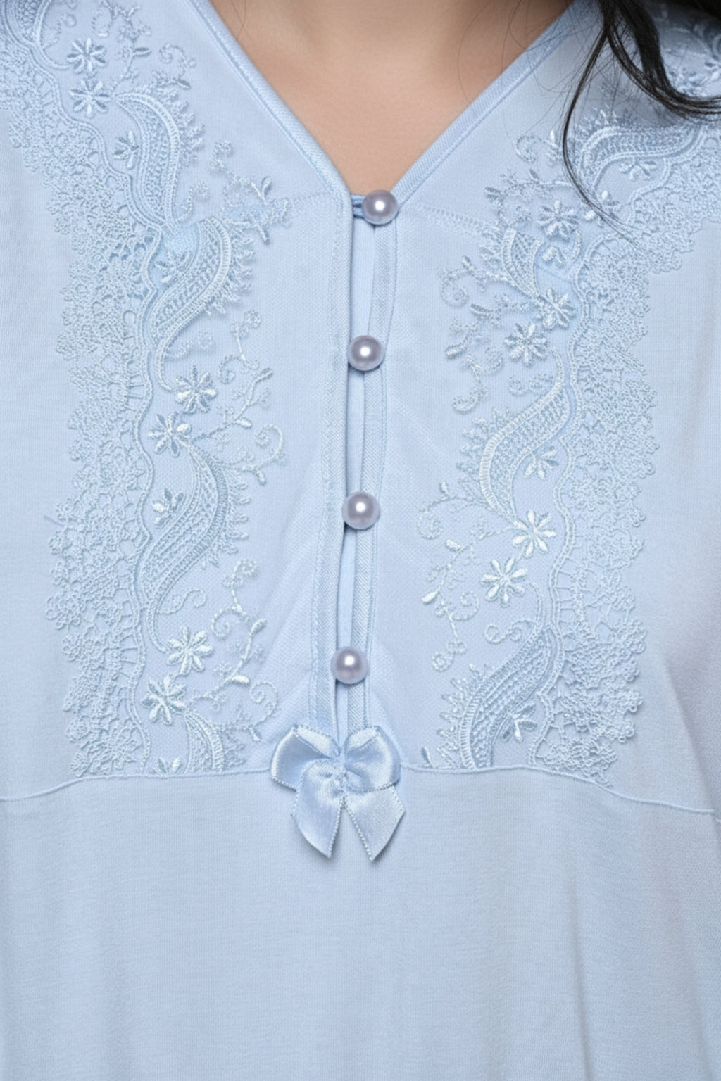 Guipure Collar Maternity-Nursing Nightgown & Tulle Collar Robe Set - 24543