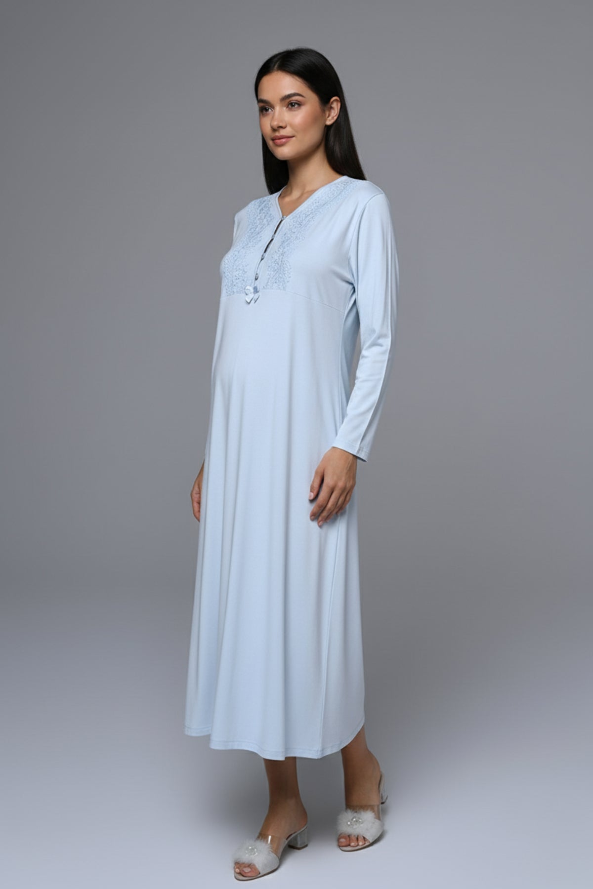 Guipure Collar Maternity-Nursing Nightgown & Tulle Collar Robe Set - 24543