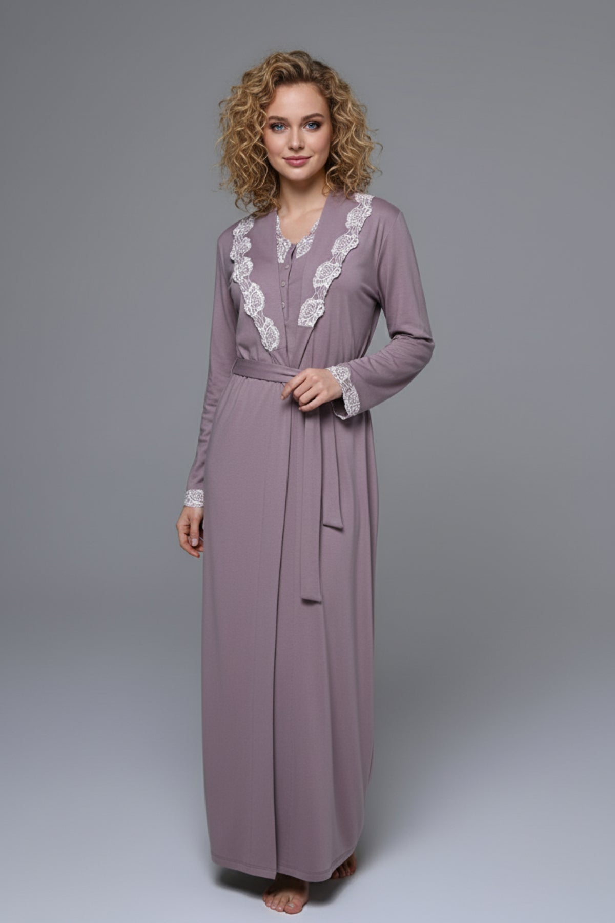 Lace Collar Maternity-Nursing Nightgown & Lace Sleeve Robe Set Lilac - 24548